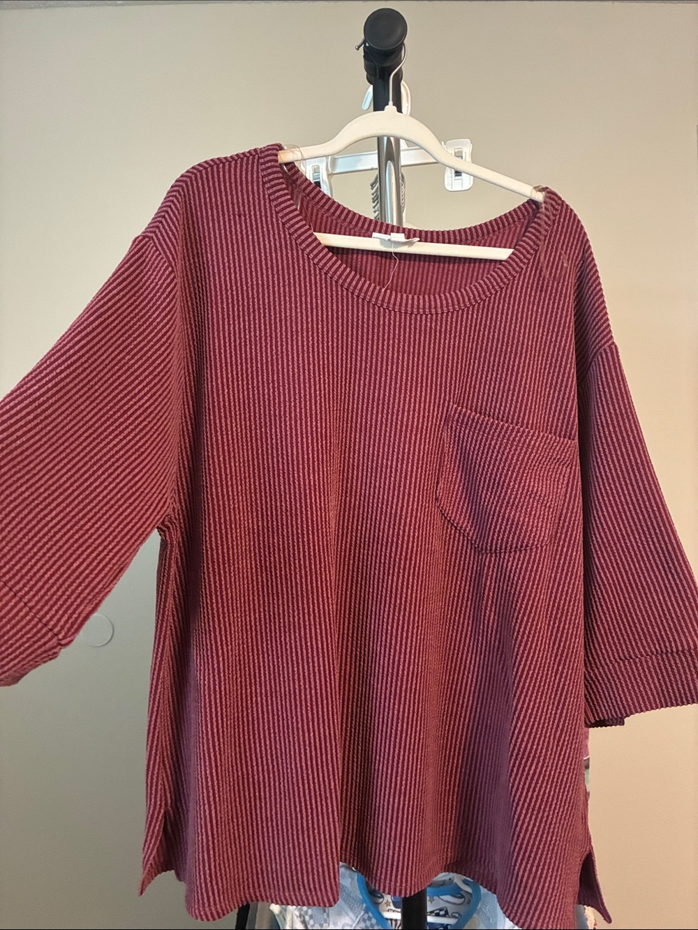 ANDREE BY UNIT Ribbed Pocket Pullover in Burgundy and Black Stripes